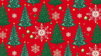 red Christmas background with snowflakes and christmas trees,seamless pattern of christmas trees and snowflakes on red background,Christmas wrapping paper, Xmas pattern with ornaments