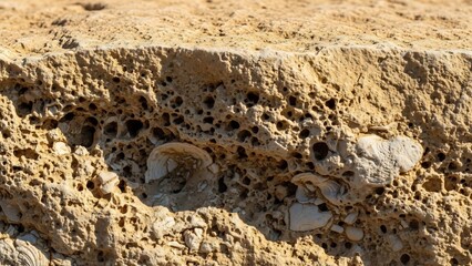 Eroded sandstone cliff face with honeycomb weathering patterns and fossilized shells.