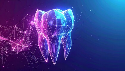 Abstract, glowing polygon tooth structure with network effect on a dark gradient background