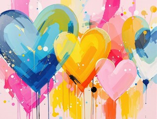 Abstract, colorful artwork featuring hearts with dripping paint and gold accents. A vibrant expression of love and joy, perfect for celebrations or conveying positive emotions.