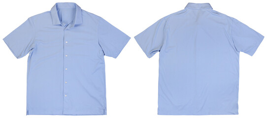 Front and back view of light blue button-up shirt