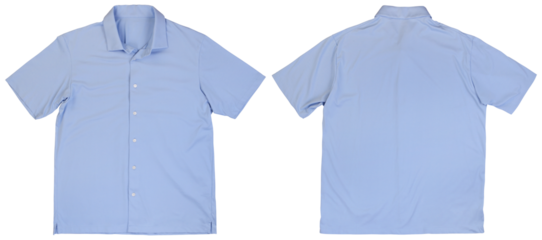 Front and back view of light blue button-up shirt