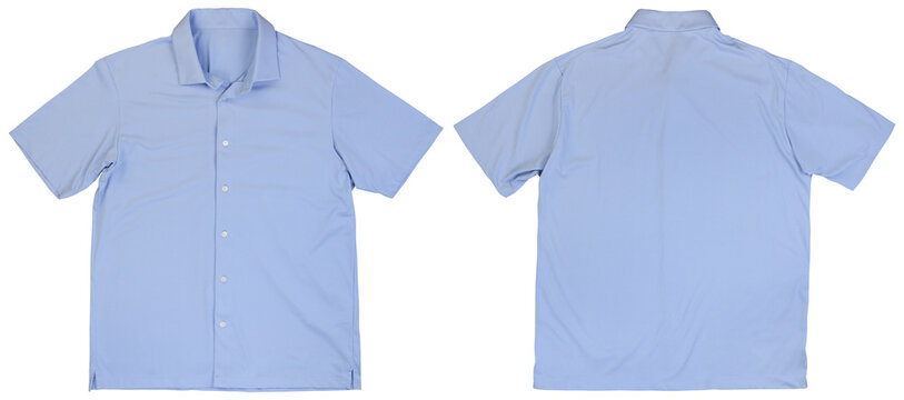 Front and back view of light blue button-up shirt - Powered by Adobe