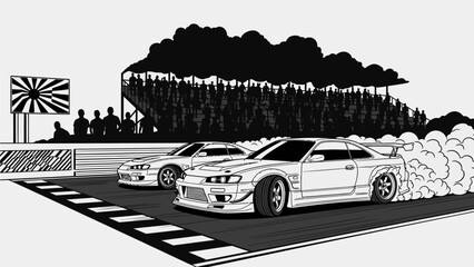 High speed Japanese drift battle on race track with crowd cheering and smoke filled corners in bold illustration © Hussnain
