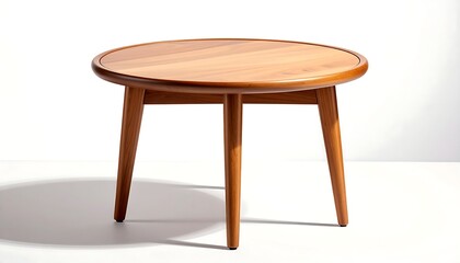 A round, wooden coffee table stands against a bright, white background, casting a soft shadow