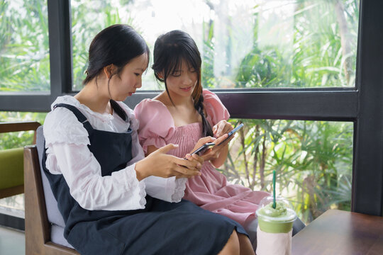 Two young women sitting indoors using smartphones together. Concept of social media, digital lifestyle, friendship, connection, technology, and modern communication. - Powered by Adobe