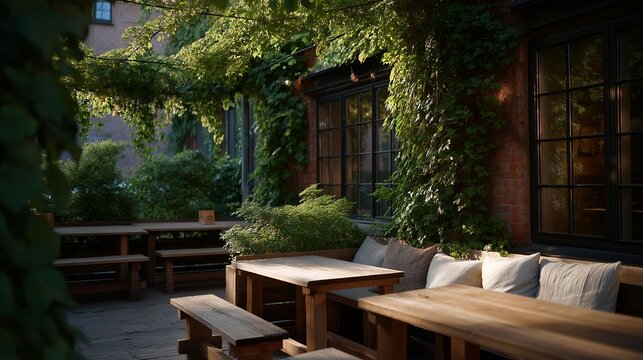 An ivy-draped courtyard café where sunlight filters through hanging vines onto rustic wooden tables — cozy outdoor dining, European charm, and lush urban getaway. cinematic color correction,