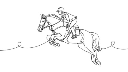 Fototapeta premium Line art illustration of a horseback rider jumping over an obstacle, showcasing equestrian sports and athletic skill.