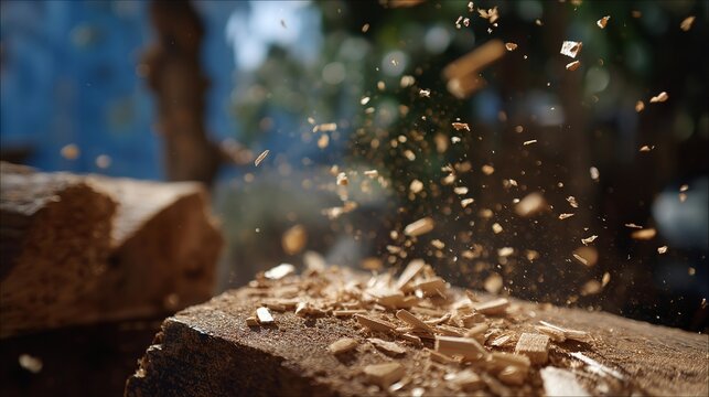 Wood fragments flying in slow motion as a carpenter saws through reclaimed timber, sawdust swirling in golden workshop light — artisanal craft, raw materials, and hands-on creativity. cinematic - Powered by Adobe