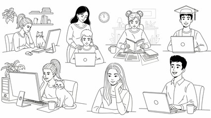 Diverse people working, studying, and engaging digitally from home, capturing the essence of modern remote lifestyles and online productivity