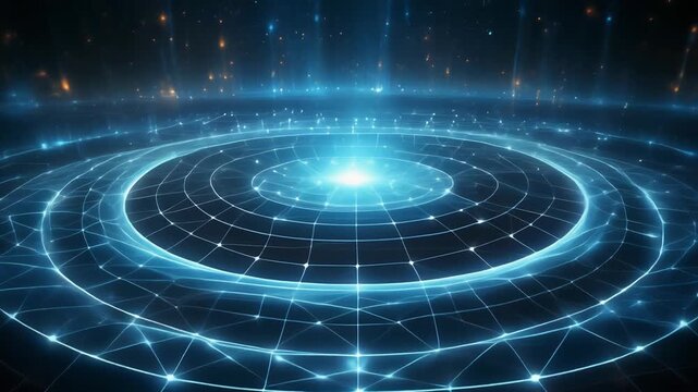 Abstract blue and black data visualization of connected points and concentric circles