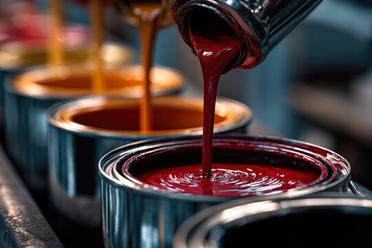 Vibrant red paint is being poured from a can into a container, surrounded by various colorful paint cans, showcasing the art of color mixing and creativity in a studio setting - Powered by Adobe