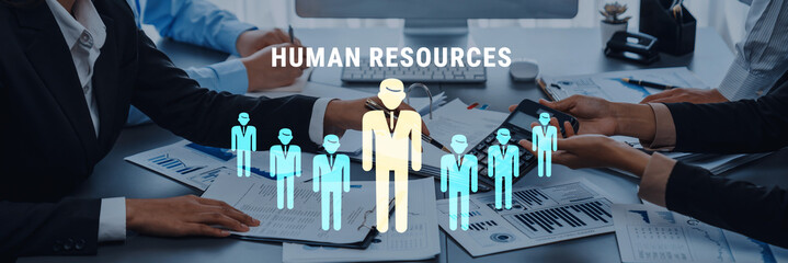 Office scene depicting human resources concept with professionals collaborating on documents, showcasing teamwork and modern business practices in an engaging environment. Trope