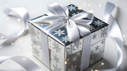 Festive Gift: A shimmering gift box adorned with a delicate white ribbon, perfect for celebrations and conveying heartfelt sentiments. 