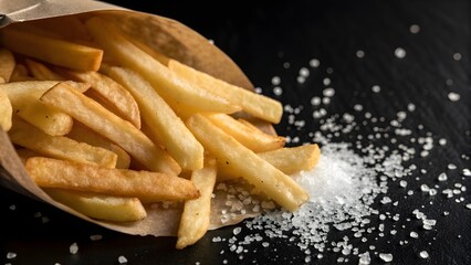 Close-up of thick finger fries with subtle salt crystals, placed on right side.
