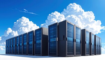 A row of servers stand against a blue sky filled with cumulus clouds, suggesting data storage in the sky