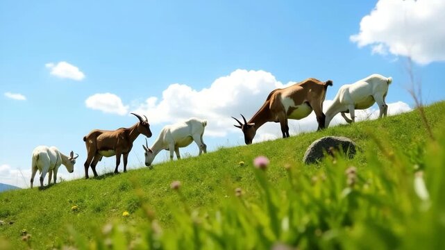A group of goats grazing on a green hillside under a clear blue sky. The scene features both brown and white goats, enjoying the sunny day.