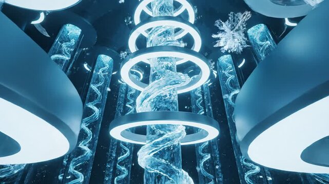 Futuristic dna helix structure inside high tech scientific laboratory with glowing blue rings and molecular research technology visualization. Futuristic dna helix glowing in lab