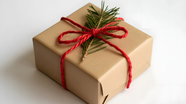 Wrapped Present with Festive Embellishments: An elegantly wrapped gift, tied with a vibrant red string and adorned with a sprig of evergreen, symbolizing the spirit of celebration.