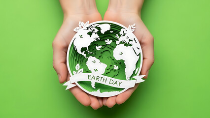 Paper cutout Earth Day celebration held in hands, representing a sustainable planet and environmental protection