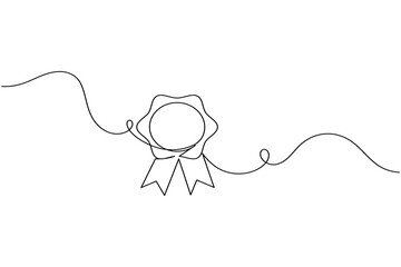 Obraz premium Single line drawing of a medal award with ribbon and wavy line