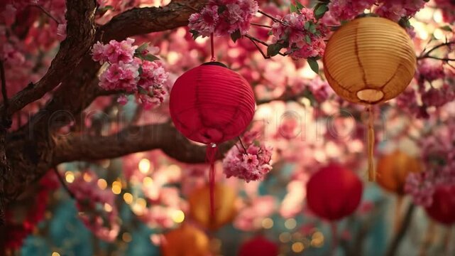 Twilight glow on pink blossoms as lanterns sway, a warm blurred backdrop twinkling softly warm hues