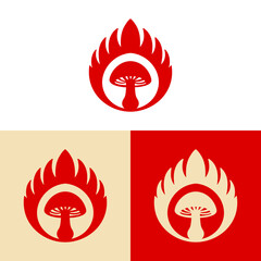Stylized red mushroom logo design surrounded by flame elements