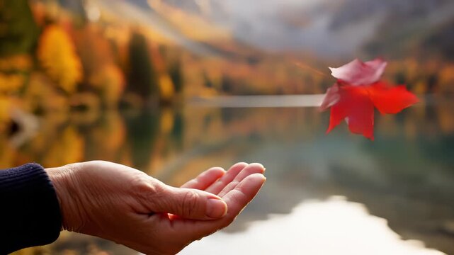 A person's hand tossing a red maple leaf in slow motion. Floating autumn leaf against a blurred lake and forest background. The concept of change and letting go