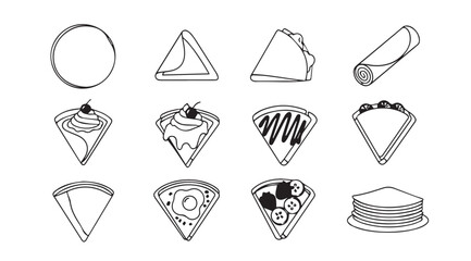Hand drawn sweet and savory crepe varieties collection delicious food art icons vector