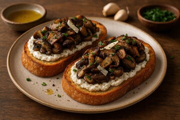 Gourmet Italian bruschetta topped with creamy goat cheese, sautéed mushrooms, truffle oil, and fresh parsley on toasted crusty bread, served on a rustic plate in warm natural light.