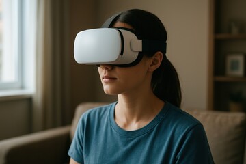 A young woman wearing a sleek white virtual reality headset gazes upward at sunset, standing against a blurred cityscape. The image symbolizes the connection between human curiosity and futuristic tec
