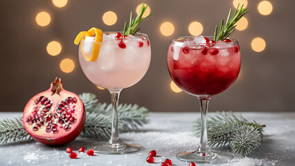 Two refreshing cocktails featuring pomegranate and rosemary are presented in stylish glasses. The drinks are set on a winter themed table by decorative snow, Winter Holiday Cocktail & Celebration