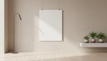 Minimal interior space with blank canvas and indoor plant symbolising creativity calm and modern home design in daytime light