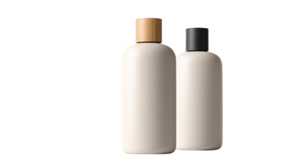 White plastic blank containers and bottles of cosmetic care and hygiene products set beside white wine bottles