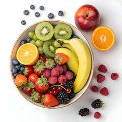 bowl of fresh fruits and vegetables on white background, ideal for organic market ads, healthy lifestyle blogs,