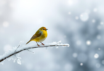 Vibrant Yellow Bird Perched on Frosty Branch in Serene Snowy Winter Landscape with Soft Bokeh