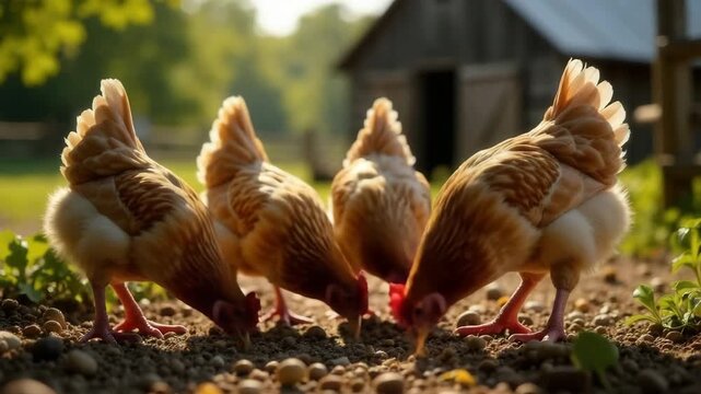 Four brown chickens pecking at the ground in a farm setting. A rustic barn is visible in the background under soft sunlight.