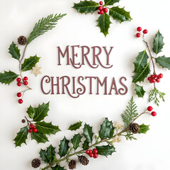 Set of realistic Christmas decorations with frosted pine branches, red berries, and cones isolated on a white background