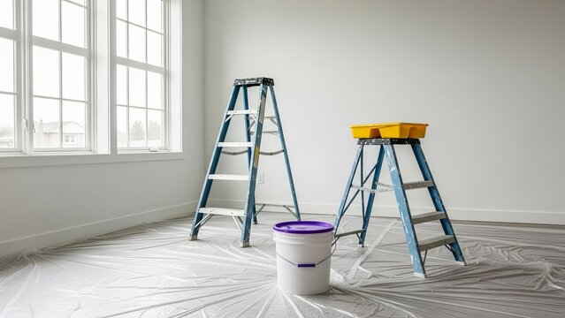 Home renovation project begins with painting tools in a bright, newly prepped room