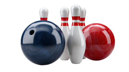 Bowling ball and pins on white background, a fun 3d sport object for competition and a ten-pin game activity
