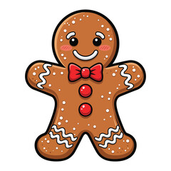 Cute Gingerbread Man Cookie Illustration with Red Bow Tie and Icing Details on White Background
