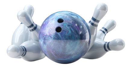 Blue 3D bowling ball and pins illustration for sport and fun game activity