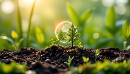 The essence of growth and renewal through a symbolic plant sprouting from soil in a field.