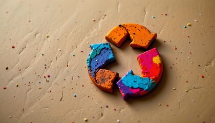 A vibrant explosion of colorful paint splatters scattered across a surface, with a distinct piece of abstract art resembling the number 6 prominently in the center