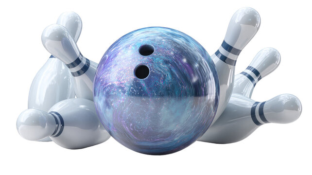 Blue 3D bowling ball and pins illustration for sport and fun game activity