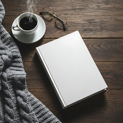 Blank Book Mockup on Rustic Wooden Table with Coffee and Cozy Accessories, Productive Morning Workspac