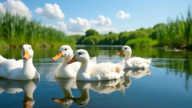 Four white ducks swim in a serene pond surrounded by lush green grass and trees under a clear blue sky with fluffy clouds.