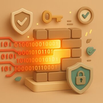 A semi-realistic 3D firewall visualized as a glowing barrier blocking streams of red malicious code. Floating shields, encrypted key icons, and system-health indicators reinforce protective strength.