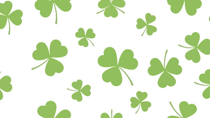 Seamless pattern of vibrant green three-leaf clovers scattered across a clean white background, perfect for festive Irish holiday designs or nature-inspired themes