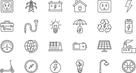 Electricity, power, and renewable energy outline vector icons set; featuring battery, solar panel, outlet, and tools essential for electric, energy, and eco-friendly projects.